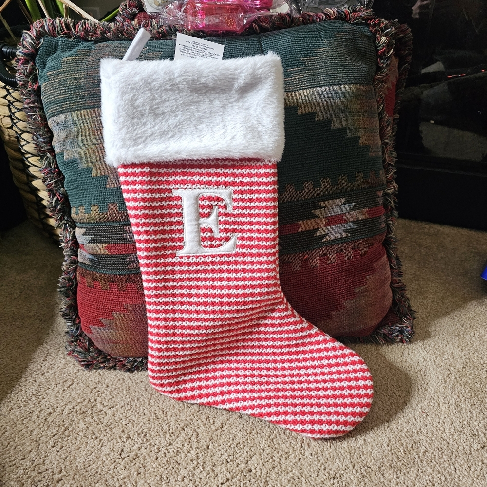 NWT. Holiday Home Red and White Houndstooth Monogram Letter Stocking - E